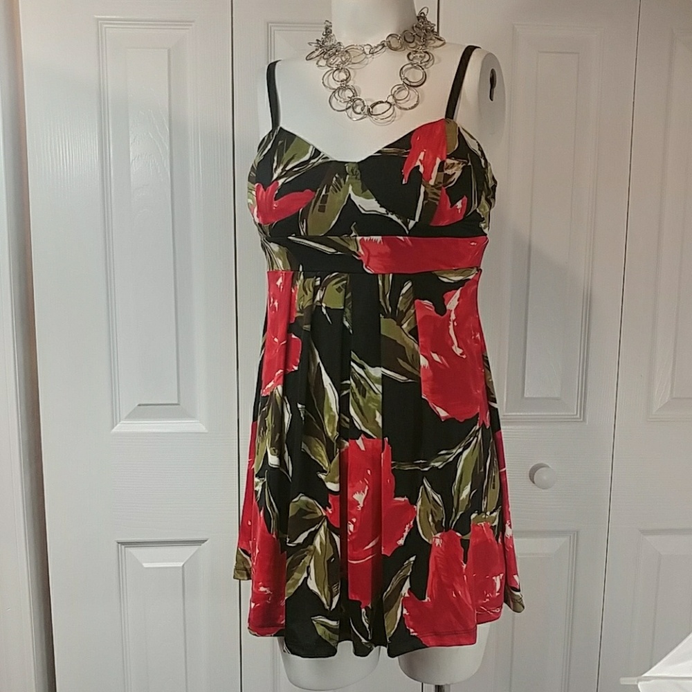Wet Seal Red and Black Slinky Floral Tunic